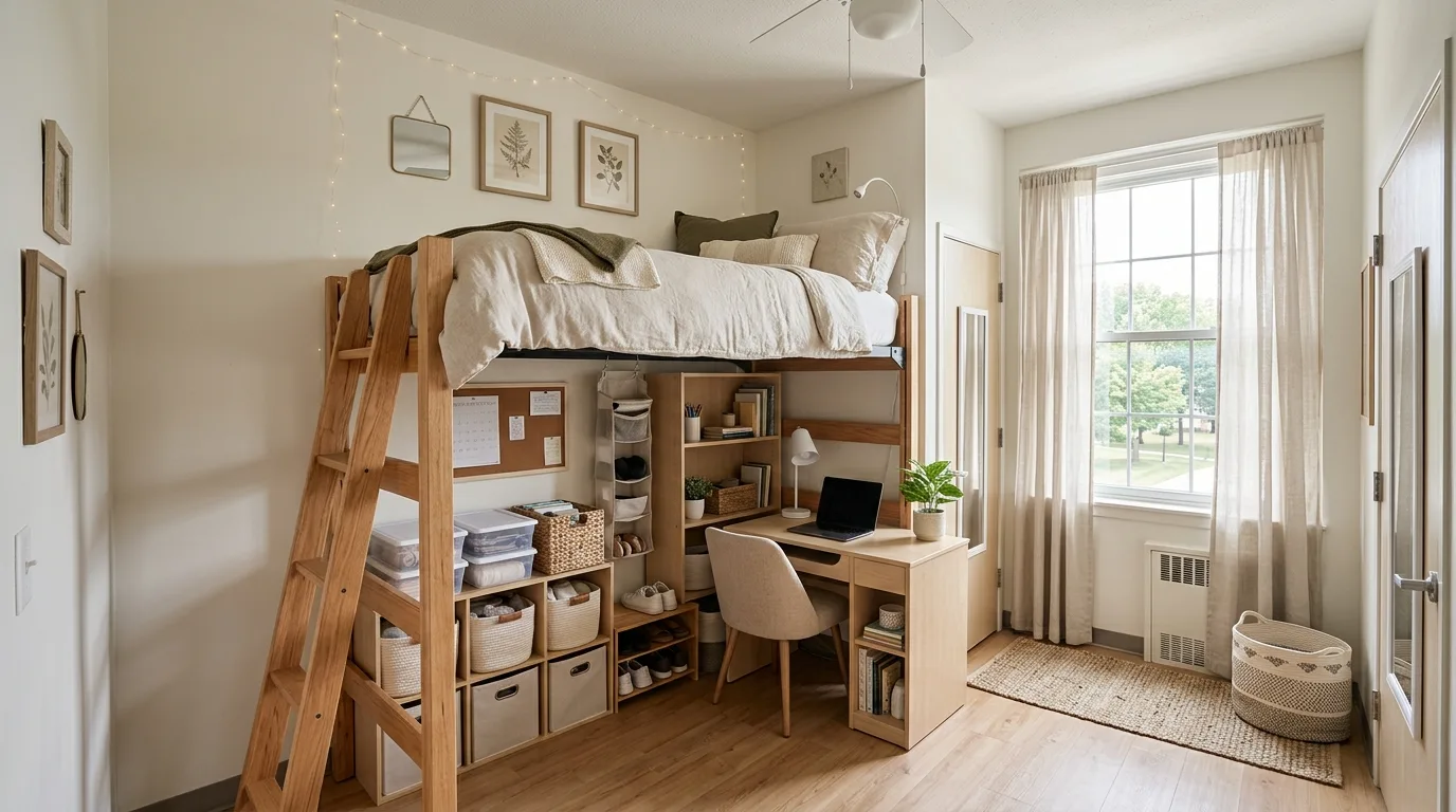 Clever dorm room layout with stylish storage and functional college essentials.